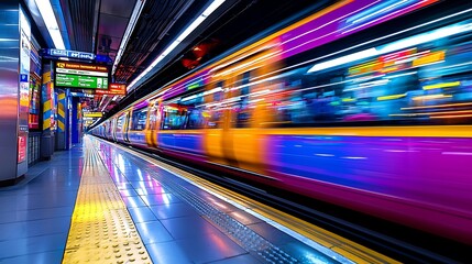 Fast moving train at subway station platform with vibrant colors and motion blur.