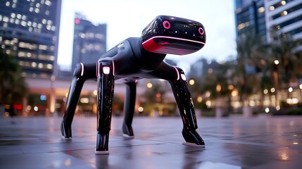 Poster - Futuristic quadruped robot standing on a city street at dusk.
