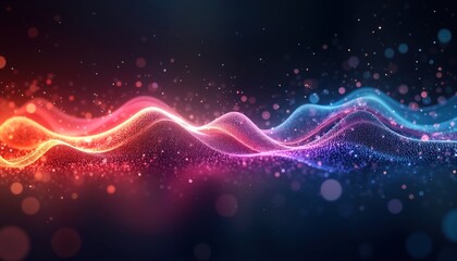 Aufkleber - Abstract glowing lines form wavy patterns on dark background. Dynamic data transmission illustrated by vibrant colors, particles. Fiber optic tech shows high speed info transfer in digital age.