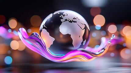 Canvas Print - Global connection, futuristic world map on vibrant liquid wave.