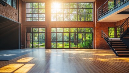 Sticker - Sunlit loft interior with brick walls, hardwood floors, and large windows overlooking a garden.