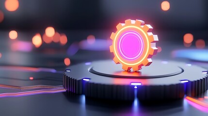 Poster - Glowing neon gear on metallic platform, futuristic technology concept.