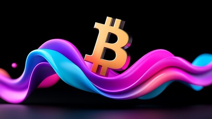Poster - Golden Bitcoin symbol on vibrant, abstract waves.