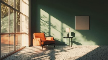 Sticker - Sunlit room with orange armchair, side table, and blank canvas.