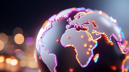 Poster - Illuminated 3D globe model with continents outlined in vibrant neon lights against a blurred city backdrop.