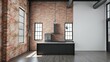 © Prisana - Industrial loft kitchen wall mockup with exposed brick, metal accents, and large windows, industrial, loft style, wall