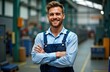 © Pete - Confident young factory worker stands indoors. He wears work uniform and happy expression. Factory environment with equipment in the background is visible. Man looks professional and ready for work.