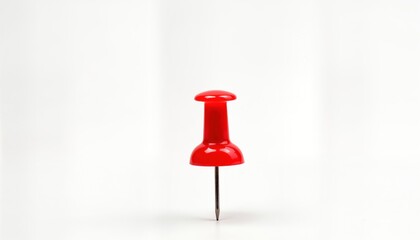 Poster - Red push pin on plain white background. Simple office supply. Isolated object. Suitable for design projects. Useful for marking locations on maps documents. Versatile tool for graphic design. Easy to