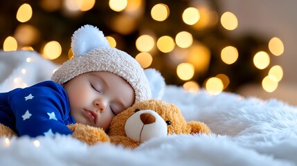 Infant peacefully sleeping with teddy bear, Christmas lights bokeh background.