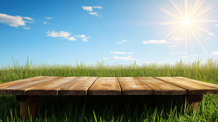 Wall Mural - bright sunny spring day with green grass and wooden table ideal for nature and outdoor themes