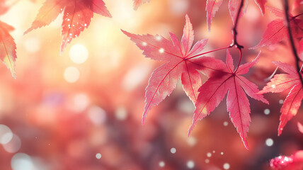 Wall Mural - autumn-themed web banner with vibrant red and yellow maple leaves and a dreamy bokeh light