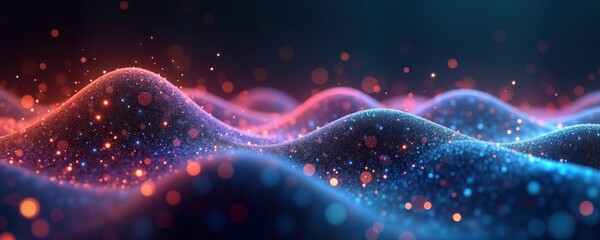 Poster - Abstract digital background features glowing waves of particles. Dynamic motion in tech scene. Multicolor effect creates vibrant tech image. Futuristic design for business, technology. Suitable for