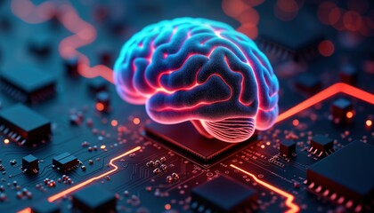 Poster - Glowing neon brain rests on electronic circuit board. Futuristic tech concept of artificial intelligence, quantum computing. Cybernetic brain integrated into machine learning system. Innovation in