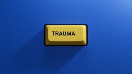 Aufkleber - yellow button with trauma business word.close up button of keyboard,business concept.3d rendering on