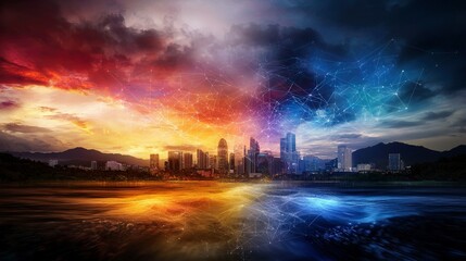 Poster - Visualizing asean economic community collaboration in urban landscape with dual color themes at dusk