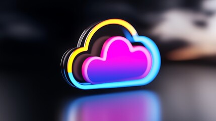 Canvas Print - Neon cloud icon reflecting on dark surface.