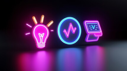 Fototapete - Neon signs depicting idea, heartbeat, and data; innovation concept.