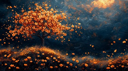 Wall Mural - Orange tree, field, dark sky.