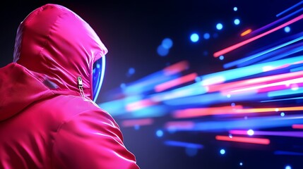 Poster - Person in pink hooded suit facing bright light streaks.