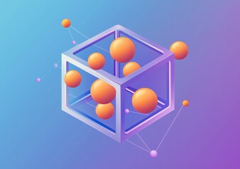 Poster - abstract 3d cube with orange spheres and connections.