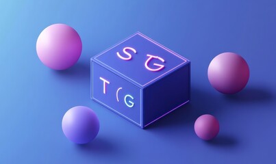 Poster - abstract 3d cube with spheres and neon letters.