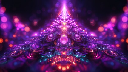 Wall Mural - abstract purple christmas tree with neon lights and glowing festive patterns, holiday magic theme.