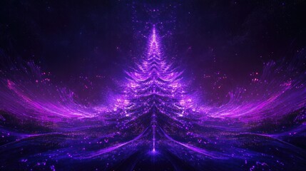 Wall Mural - abstract purple christmas tree with neon lights and glowing festive patterns, holiday magic theme.