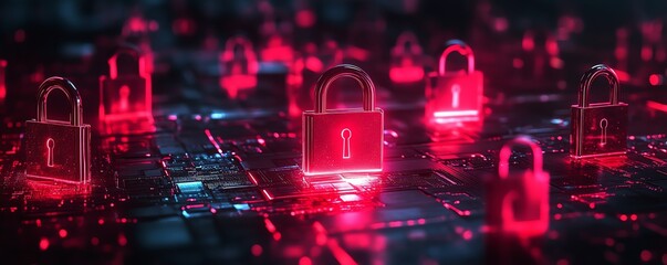 Poster - Cyber protection illustration, smartphone emitting holographic padlocks in a dark environment, hightech theme, intricate details, bright neon effects, cinematic 8K quality