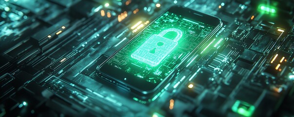 Poster - Cyber protection illustration, smartphone emitting holographic padlocks in a dark environment, hightech theme, intricate details, bright neon effects, cinematic 8K quality