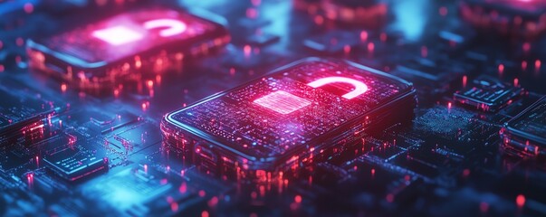 Poster - Cyber protection illustration, smartphone emitting holographic padlocks in a dark environment, hightech theme, intricate details, bright neon effects, cinematic 8K quality