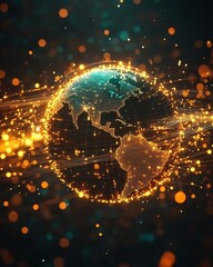 Poster - Futuristic Earth surrounded by radiant data streams, representing global network and digital connectivity, dark background with glowing neon effects, ultrarealistic, 4K resolution