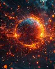 Poster - Futuristic Earth surrounded by radiant data streams, representing global network and digital connectivity, dark background with glowing neon effects, ultrarealistic, 4K resolution