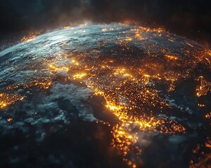Poster - Glowing Earth surrounded by digital data streams in a dark environment, global network and connectivity concept, cinematic lighting, hightech design, 4K resolution