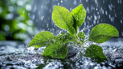 Poster - Natural transpiration of leaves in a tranquil environment close-up water droplets lush greenery relaxing atmosphere