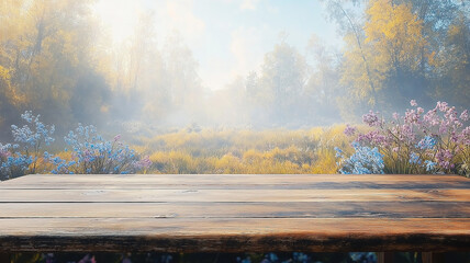 Wall Mural - beautiful spring forest scene with a rustic wooden table, ideal for showcasing nature products