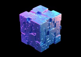 Poster - abstract metallic cube with purple and blue gradient, complex texture, isolated on black background.