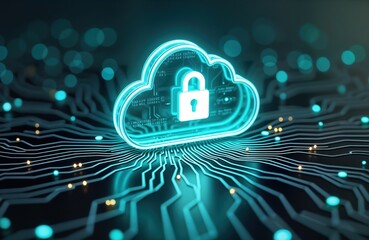 Leinwandbilder - glowing cloud with padlock hovers over circuit board. modern tech illustration shows secure cloud co