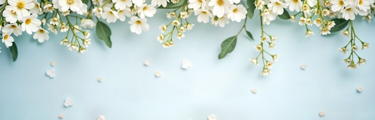 Wall Mural - beautiful white flowers arranged in panoramic border create romantic springtime background. small de