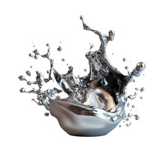 Aufkleber - Dynamic Silver Liquid Splashing Elegantly Into Pristine White Bowl Creating A Captivating Moment Of Fluid Motion Art isolated on white background
