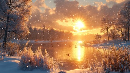 Wall Mural - Snowy sunset over lake.