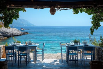 Dining table and chairs in front of the sea, white wooden table with blue seats in a Greek-style restaurant with bright colors and clear sky.