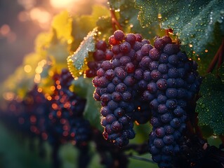 Wall Mural - dewy grape clusters in misty vineyard at romantic countryside sunrise