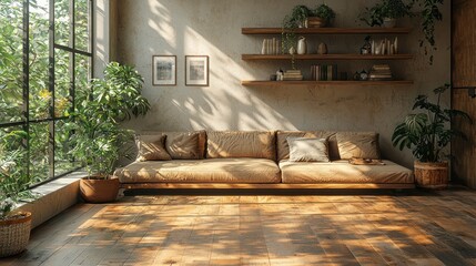 Sticker - Sunlit interior with couch, shelves, plants.