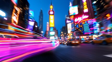 Poster - Vibrant night cityscape with blurred light trails from fast-moving vehicles, showcasing bright signage and tall buildings.