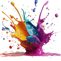 Poster - Vivid Colorful Paint Splashes Creating Dynamic Artistic Patterns on a Crisp White Background Evoking Playfulness and Creativity isolated on white background