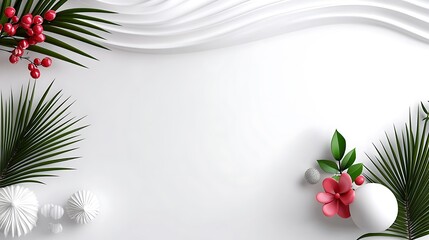 Wall Mural - White minimalist background with tropical leaves, berries, and decorative elements.