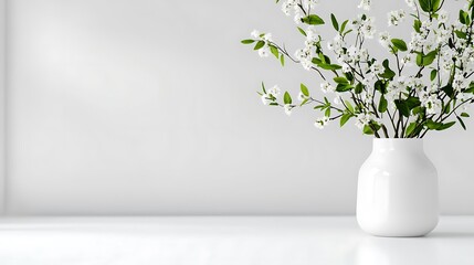 Canvas Print - White vase with blooming cherry branches on a white table against a white wall.