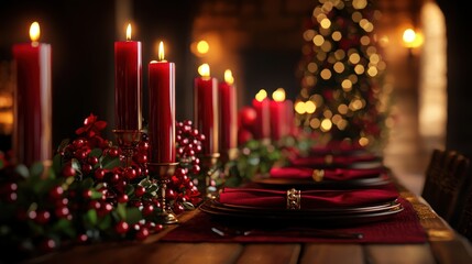 Wall Mural - elegant christmas dinner table with candles and decorations