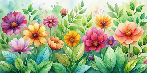  Vibrant Watercolor Floral Arrangement Featuring a Bountiful Display of Colorful Blooms and Lush Greenery