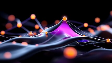 Fototapete - Abstract 3D render of a dark, flowing surface with glowing orange spheres connected by thin lines, and a central purple structure.